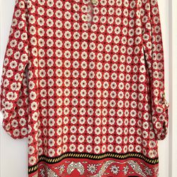 Anne Klein Tunic Top Size Petite Large, 3/4 Sleeves, Geometric, Red, Gold, Black