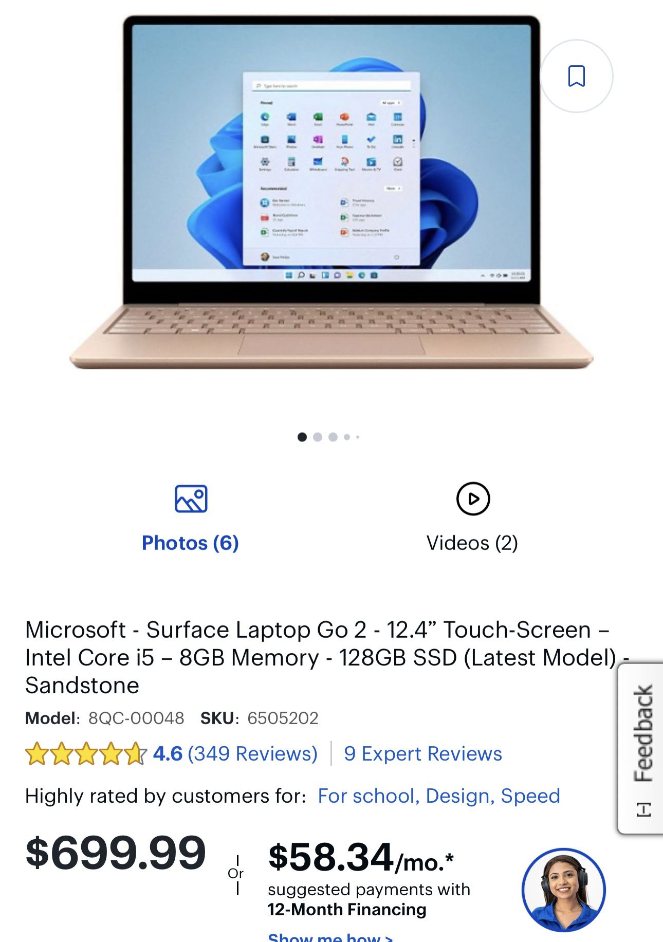 Microsoft Surface Laptop Go - 12.4 Touchscreen - Intel Core i5  - 8GB Memory - 128GB SSD - Sandstone : Electronics