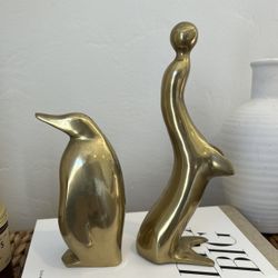 Brass Penguin And Dolphin, Solid, Heavy, Collectible Sculptures, Vintage Pair Of Two Animals