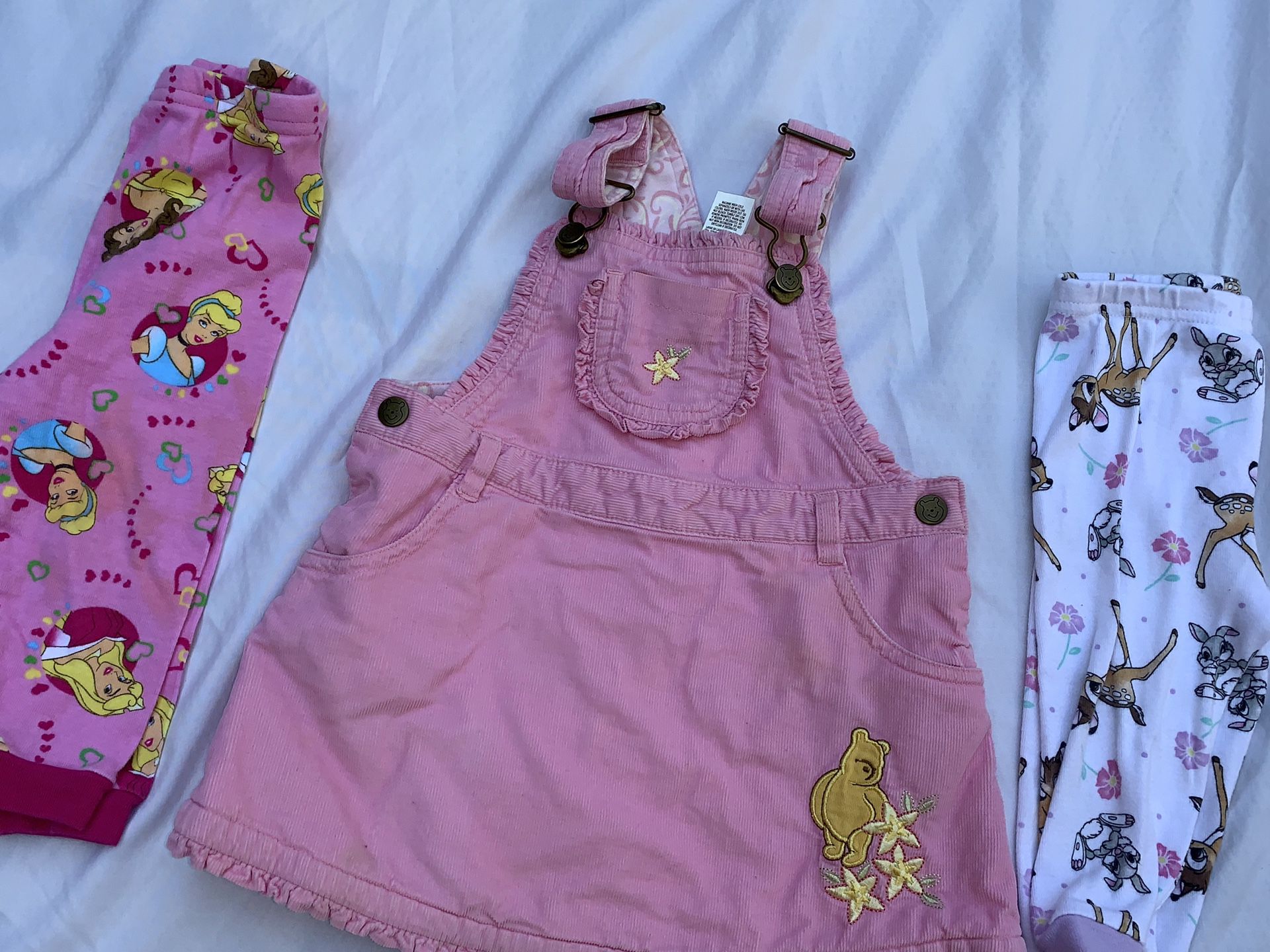 3 piece baby girls fall spring winter Disney Bambi size 12 months 🦌 lot pajamas bottoms overalls 👸 Winnie the Pooh 🐻