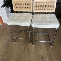 Rattan Counter Bar Stools (Set of 2) – 26” White Faux Leather  + Wood,