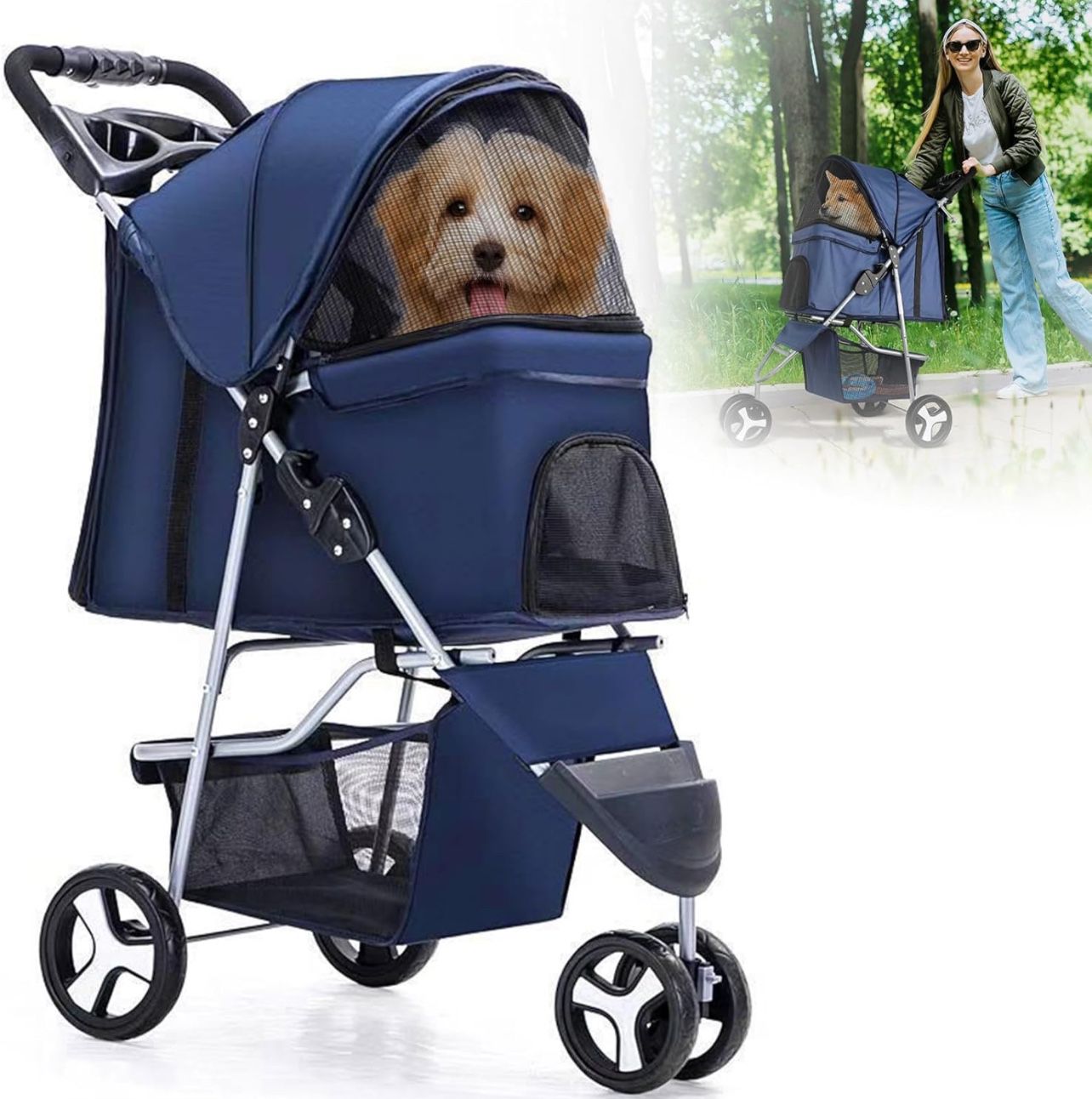 Pet Stroller Dog Cat Foldable Stroller 3 Wheels Carrier Strolling Cart for Medium Small Dogs Cats with Waterproof Oxford Cup Holder & Removable Liner 