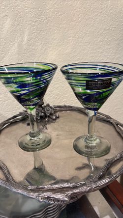 2 Pacific Merchants Cobalt Blue Green Swirl Martini Glasses