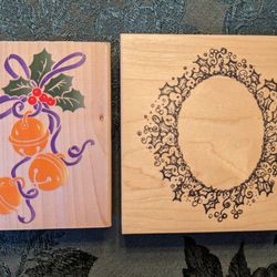 Holly And Berries Oval Wreath Frame And Jingling Bells - - Wood Mounted Rubber Ink Stamps