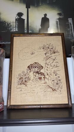 Vintage 1970s Wooden Framed Paragon Needle Crafts “Lost” Dog Art
