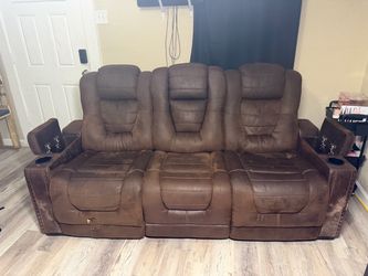 Brown Reclining Sectional Couch with Cup Holders