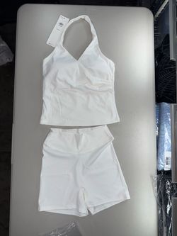Alo Yoga White Halter Top and Shorts Set