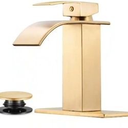 Luxury Sturdy Solid Brass Waterfall Bathroom Faucet with Deck Plate, Pop Up Drain in Brushed Gold