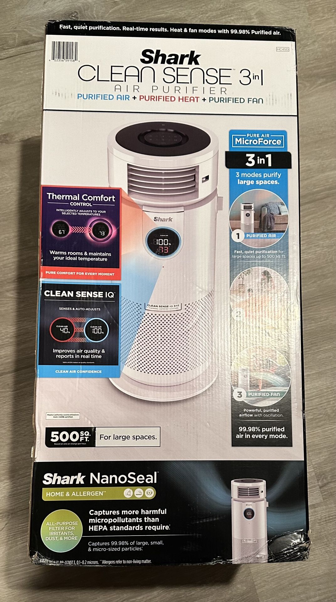Shark HC450 3-in-1 Clean Sense Air Purifier, Heater & Fan, HEPA Filter, 500 Sq ft, Oscillating, White