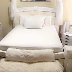 Queen size White Bed Frame With White Fur Headboard