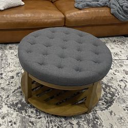 Linen Round Upholstered Large Ottoman Coffee Table, Large Footstool with Wooden Shelf, Charcoal