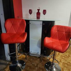 Bar Table with Two Red Bar Stools