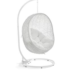 Modway Hide Wicker Rattan Outdoor Patio Porch Lounge Egg Swing Chair Set with Stand in White