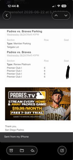PADRES V. ATLANTA BRAVES 6/24 PREMIER CLUB BEHIND HOME PLATE+PARKING