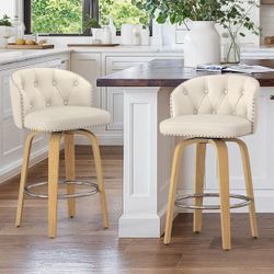 36 in. Ivory Wood Frame Counter Height Bar Stool Faux Leather Upholstered Swivel Bar Stool (Set of 2)