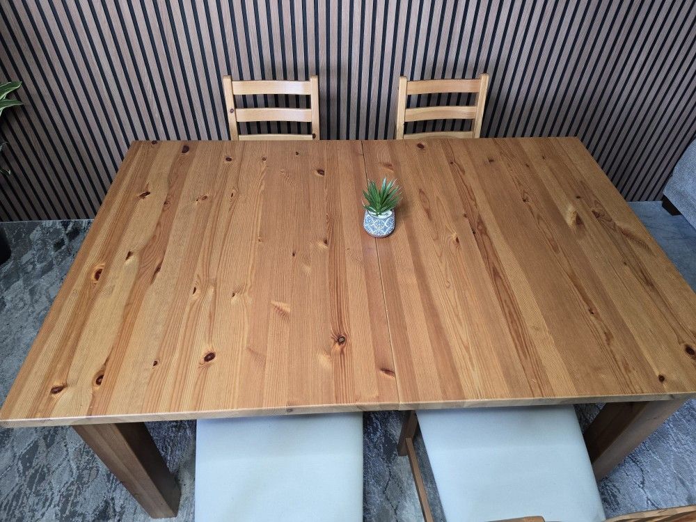 Ikea Natural Pine Wood Large Dining Table with Extension and 4 Chairs