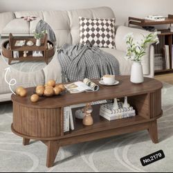 Coffee Table with Storage,Mid Century Modern Coffee Tables with 2 Flip-Top Hidden Lids,Fluted Coffee Table,Wood Center Tables for Living Room Home Off