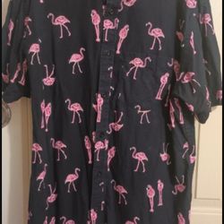 Old Navy Men's Navy Blue Shirt Flamingo Print Button Down Pocket Classic 