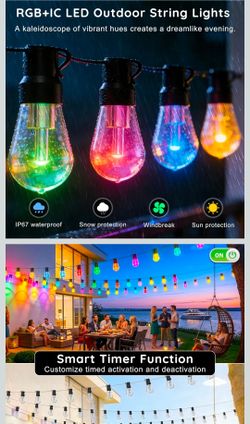 Outdoor String Lights,200FT Smart RGB+IC Patio Lights with Shatterproof LED Bulbs ,Outside Light Dimmable Patio for Decor DIY IP67 Waterproof ,Courtya