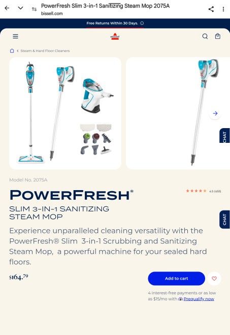 BISSELL PowerFresh®
Slim 3-in-1 Sanitizing Steam Mop Was $169. NIB Never Opened. From Factory