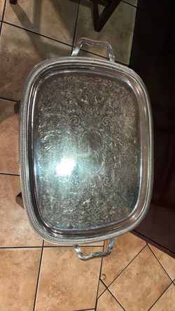 Vintage silver- play rectangular serving tray with oatmeal floral