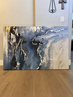 59x40 EXTRA LARGE Blue/White/Gold/Black Glitter and Gold Foil Textured Canvas Art Abstract Artwork