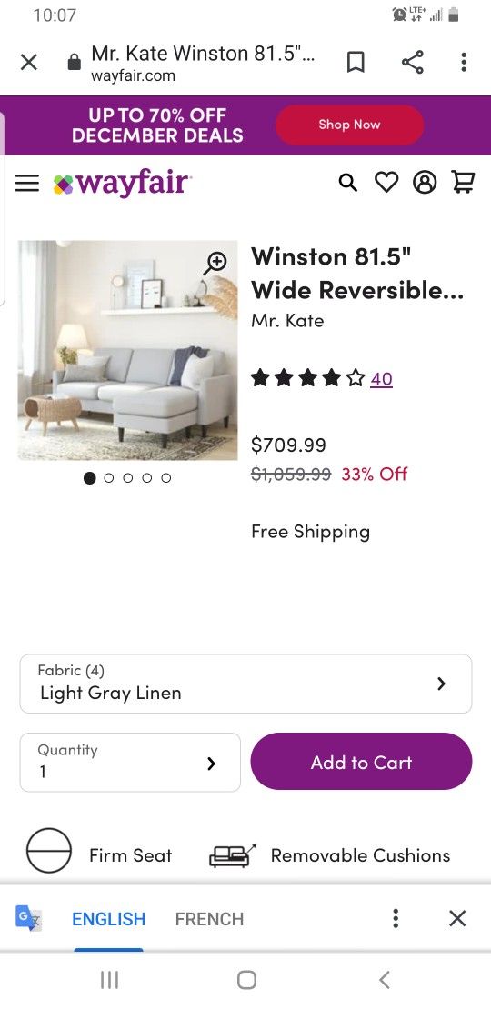 Mr. Kate Winston Sofa Sectional, Light Gray Linen