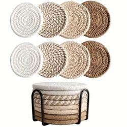 New 8-Piece Cotton Boho Woven Drink Coasters w Holder Absorbent Round Coasters Neutral Beige & Brown