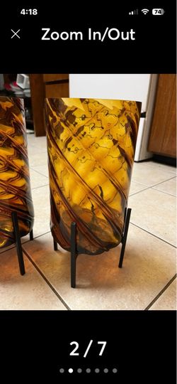 Vintage 1960s Italian Murano amber ribbon vase. Center piece.