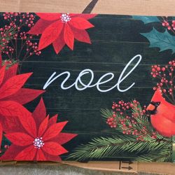 Noel Door Mat With Cardinal And Poinsettas