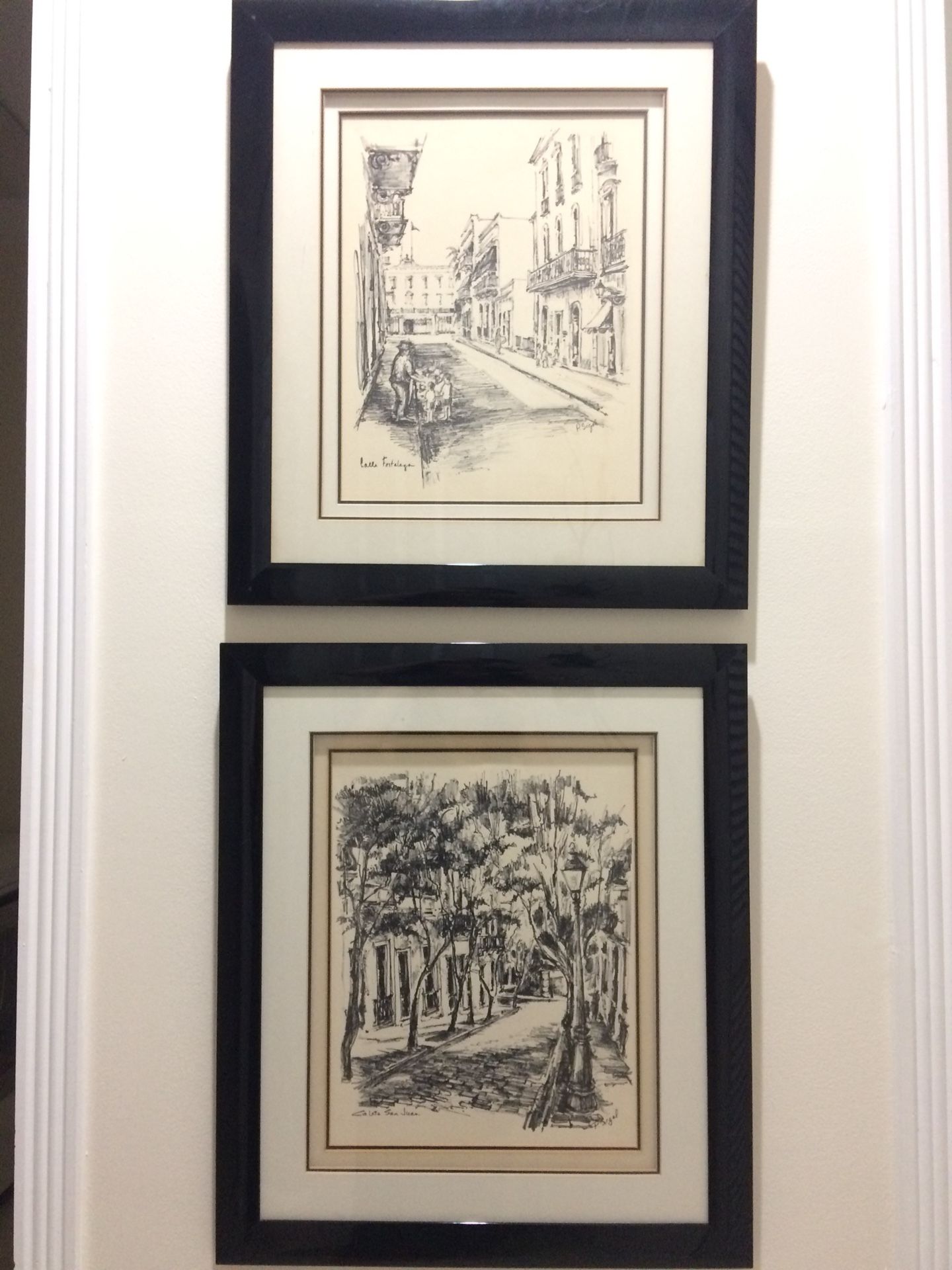 SET OF SPECTACULAR ORIGINAL P. SIGAL CHARCOAL FRAMED SKETCHES OF SAN JUAN PUERTO RICO