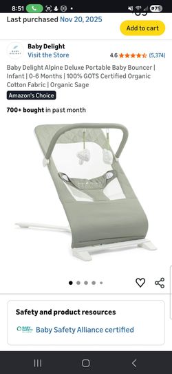 Baby Delight Alpine Deluxe Portable Baby Bouncer | Infant | 0-6 Months | 100% GOTS Certified Organic Cotton Fabric | Organic Sage