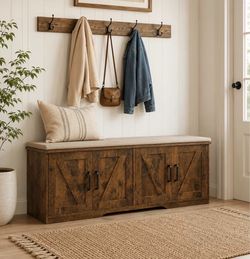 43-Inch Large-Capacity Shoe-Changing Bench, Storage Ottoman, And Long Bench with Four Barn Doors, Designed for Heavy-Duty Storage. Suitable for Entryw
