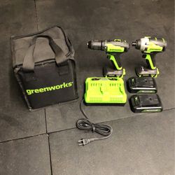 Green works drill and driver set with two batteries 24 bolts