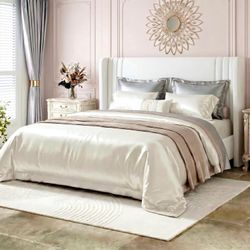 Queen Size Bed Frame, Velvet Platform Bed with Upholstered Wingback Headboard, No Box Spring Needed, White