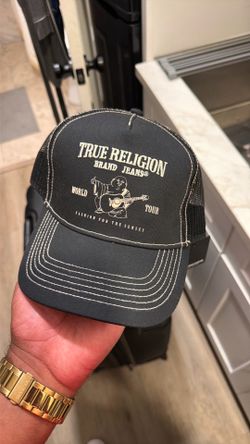 Black with white stitching, true religion snapback