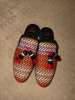 Christian louboutin multi colored woven tassel slip on mule