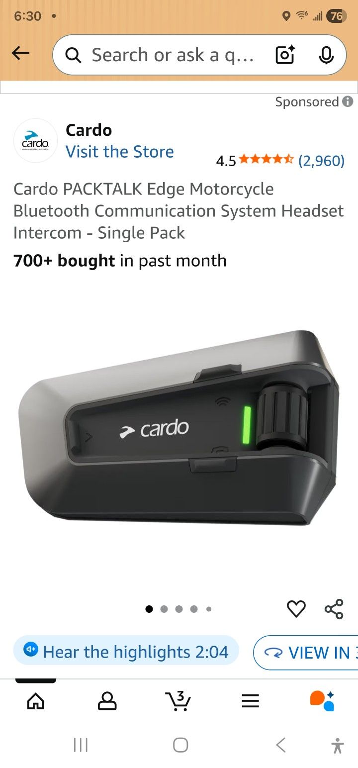 Cardo PACKTALK Edge Motorcycle Bluetooth Communication System Headset Intercom - Single Pack