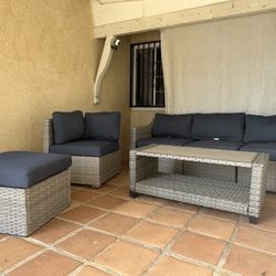 Wicker Outdoor Sectional with Blue Cushions and Iron Frame 