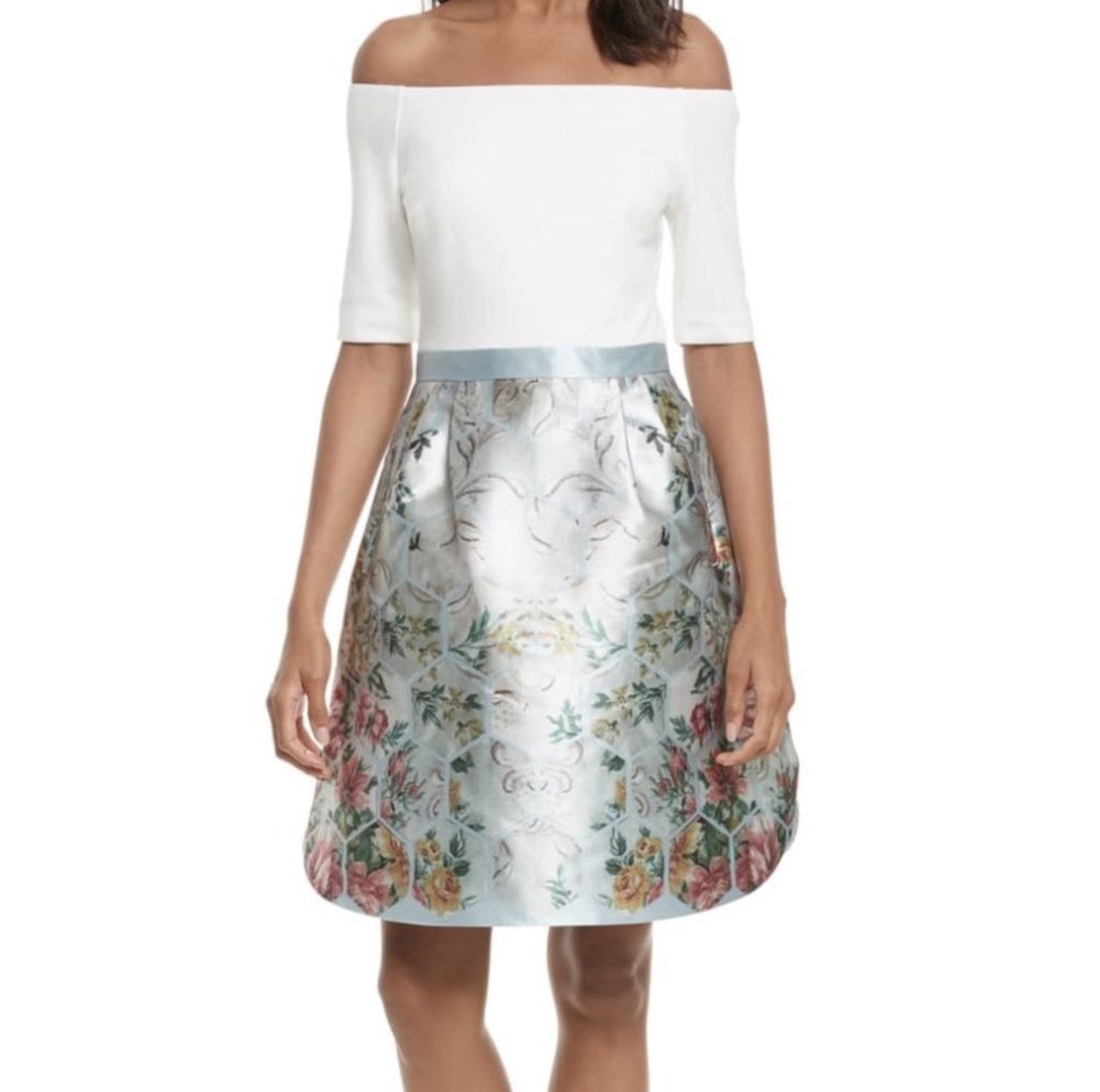 Ted Baker London Pale Blue Patchwork Bardot Dress Size 3 (8/10) Fit Flare