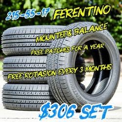 215/55R17 FERENTINO TIRE SET ​Special Pricing: Complete set of 4 Ferentino tires in size 215/55R17 for $306. ​Included Services: Includes professional
