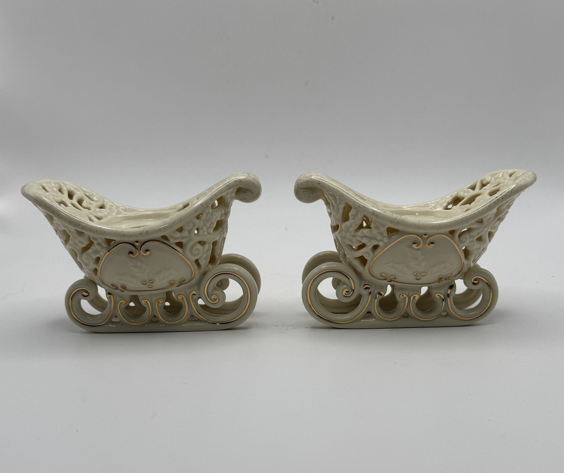 2 Partylite Santa Sleigh Porcelain Taper Candle Holders with Gold Detail