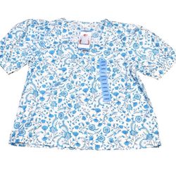 Draper James NWT Short Puff Sleeve Floral Blouse Sz L Women’s Blue White V Neck