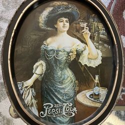 Large 1960’s Pepsi-Cola Pepsi Cola Oval Tin Victorian Gibson Blue Girl Serving Patina Metal Tray Soda Pop Collectible Coca Cola Advertising