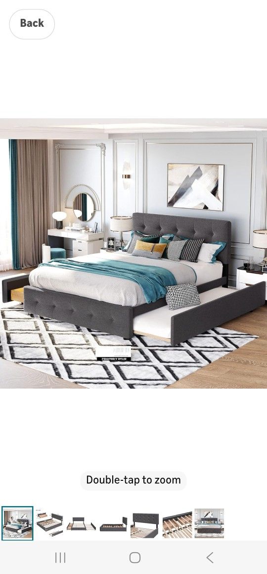Ball & Cast Queen Bed Frame with 2 Drawers and 1 Twin XL Trundle, Linen Upholstered Platform Bed with Button Tufted Headboard and Wood Slats Support, 
