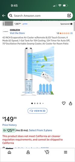 42 INCH Evaporative Air Cooler w/Remote &LED Touch Screen, 4 Mode &3 Speed, 1-Gal Tank for 15H Cooling, 12H Timer for Auto Off, 70°Oscillation Portabl