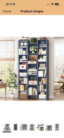 71'' H Bookshelf with 21 Cubes, Triple Wide Tall Bookshelf Blue 8 Tier Bookcase with 8 Adjustable Shelves, Large Bookshelf DVD/CD Media Tower Storage,