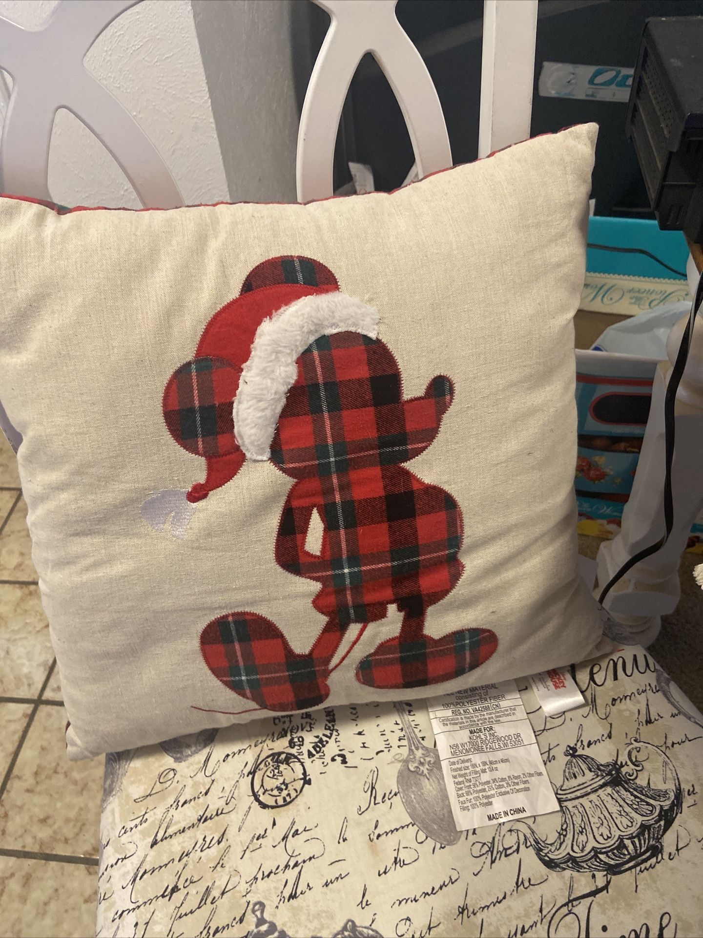 DISNEY MICKEY Mouse Christmas ST NICHOLAS SQUARE Buffalo Check Pillows 18"Â