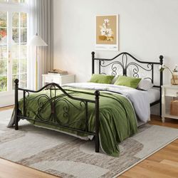 Full Size Metal Platform Bed Frame with Vintage Butterfly Pattern Headboard & Footboard, Black