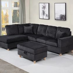 BLACK CORDUROY SECTIONAL SOFA WITH STORAGE OTTOMAN (NEW IN BOX 📦) 